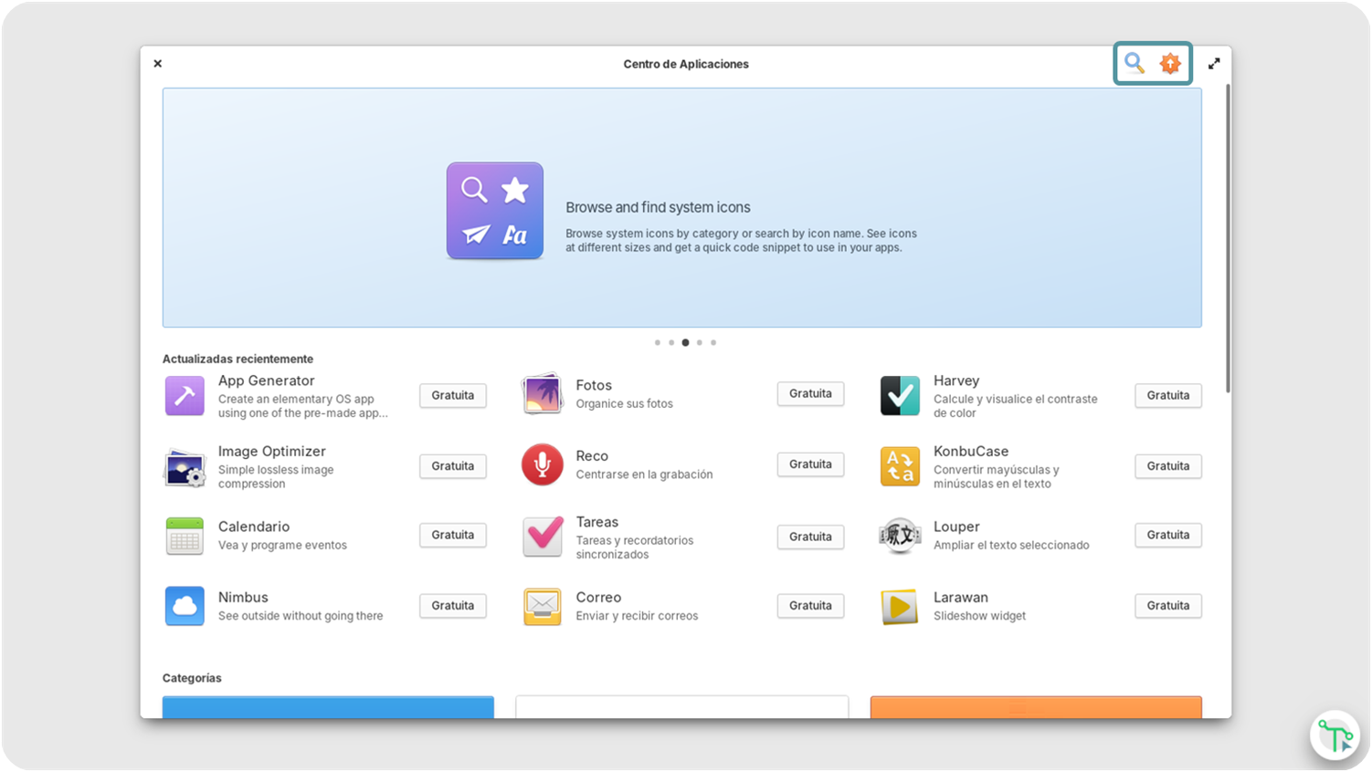 El Centro de Aplicaciones ahora tiene el buscador de aplicaciones situado en un icono de una lupa en la parte superior derecha junto al icono de las actualizaciones de aplicaciones.