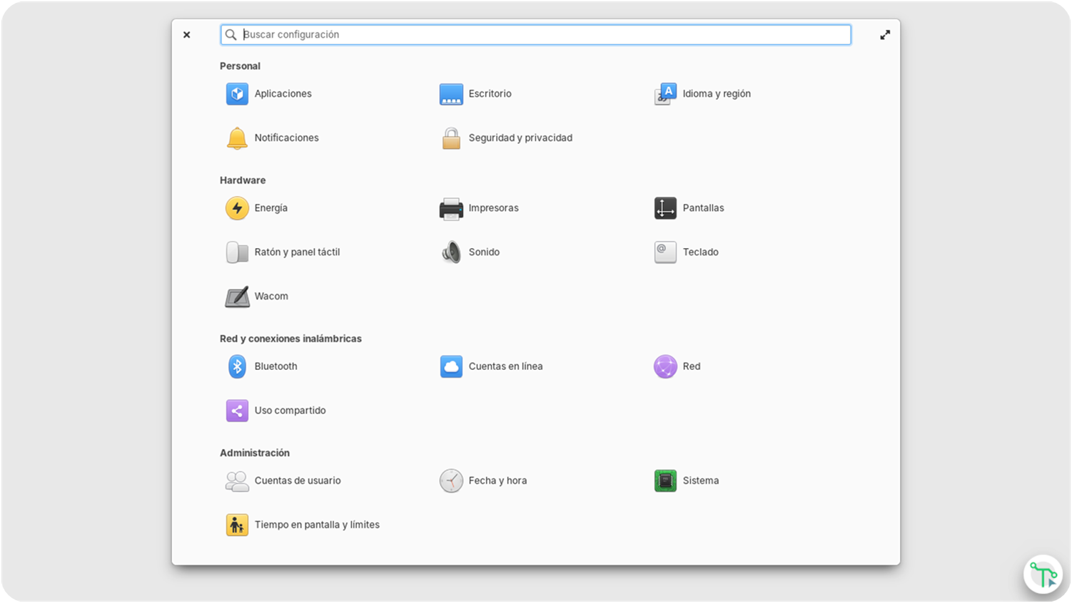 La aplicación de Configuración del Sistema tiene ahora una nueva disposición de los apartados y sus íconos.