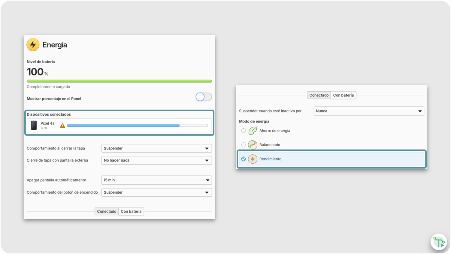 Rediseño del apartado Energía y la inclusión de nuevas funciones útiles, como el nivel de batería de los dispositivos conectados y el nuevo modo de energía llamado “rendimiento”.