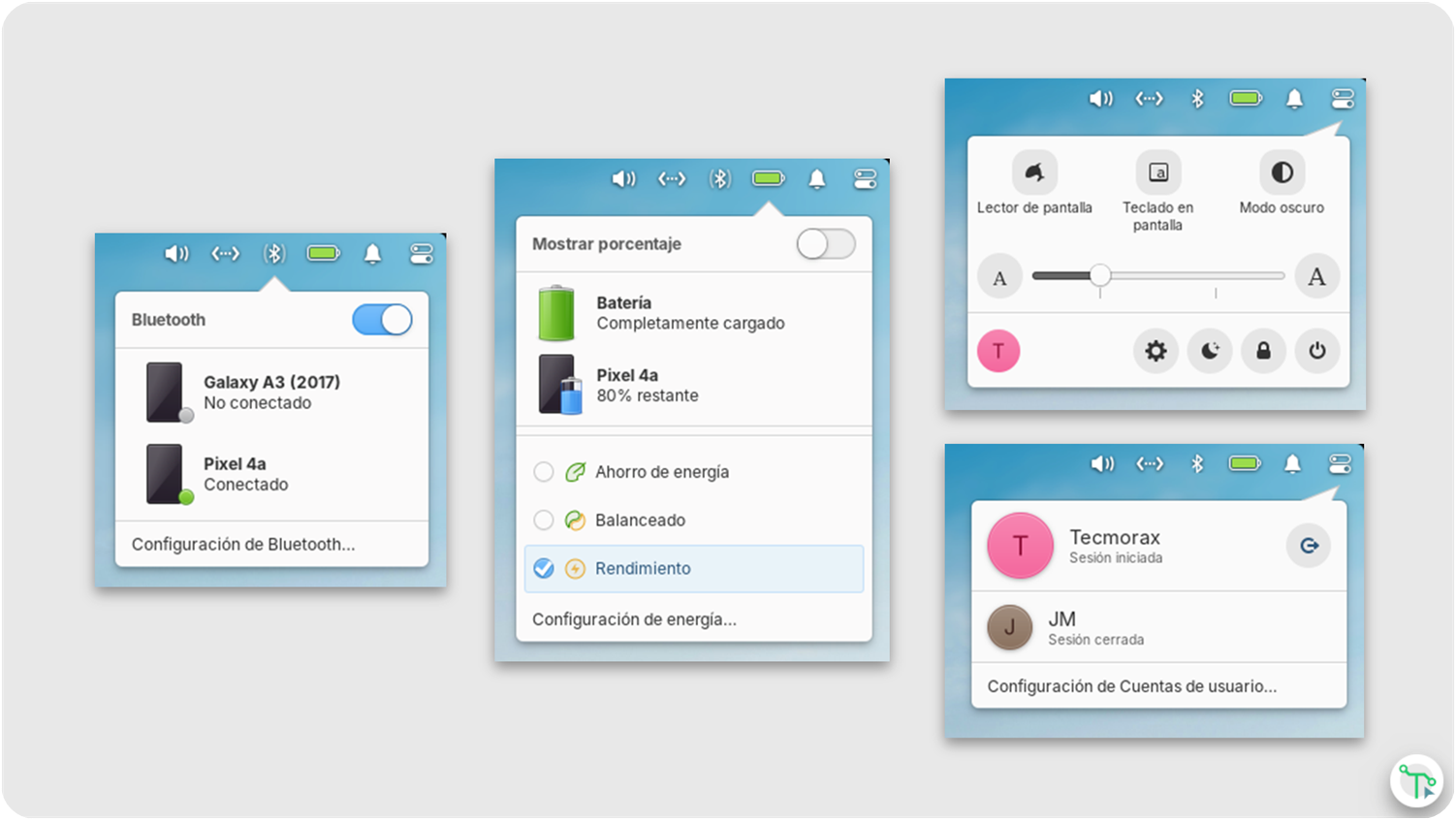 Nuevos ajustes rápidos de la barra superior del escritorio: estado de la batería de los dispositivos Bluetooth, nuevos modos de energía, herramientas de accesibilidad e icono para cambiar de cuenta o cerrar sesión.